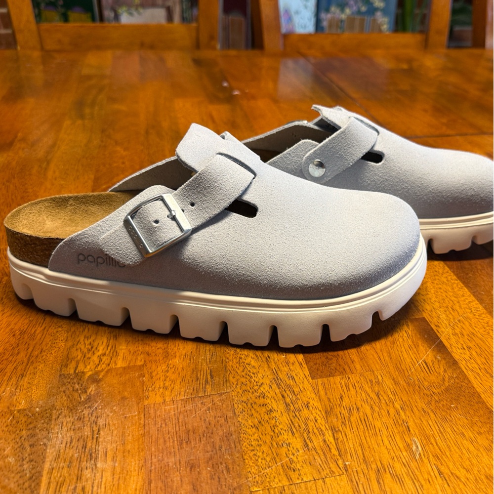 Birkenstock Gray Suede Mules with White Sole